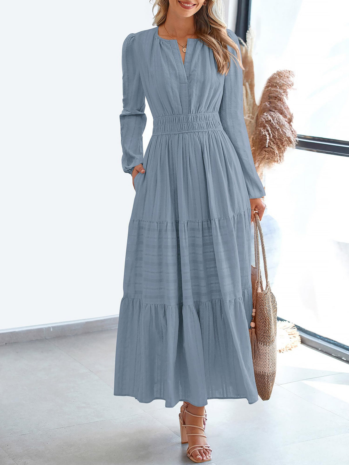 Notch Neck Puff Long Sleeves Pockets Tiered A-Line Midi Dress