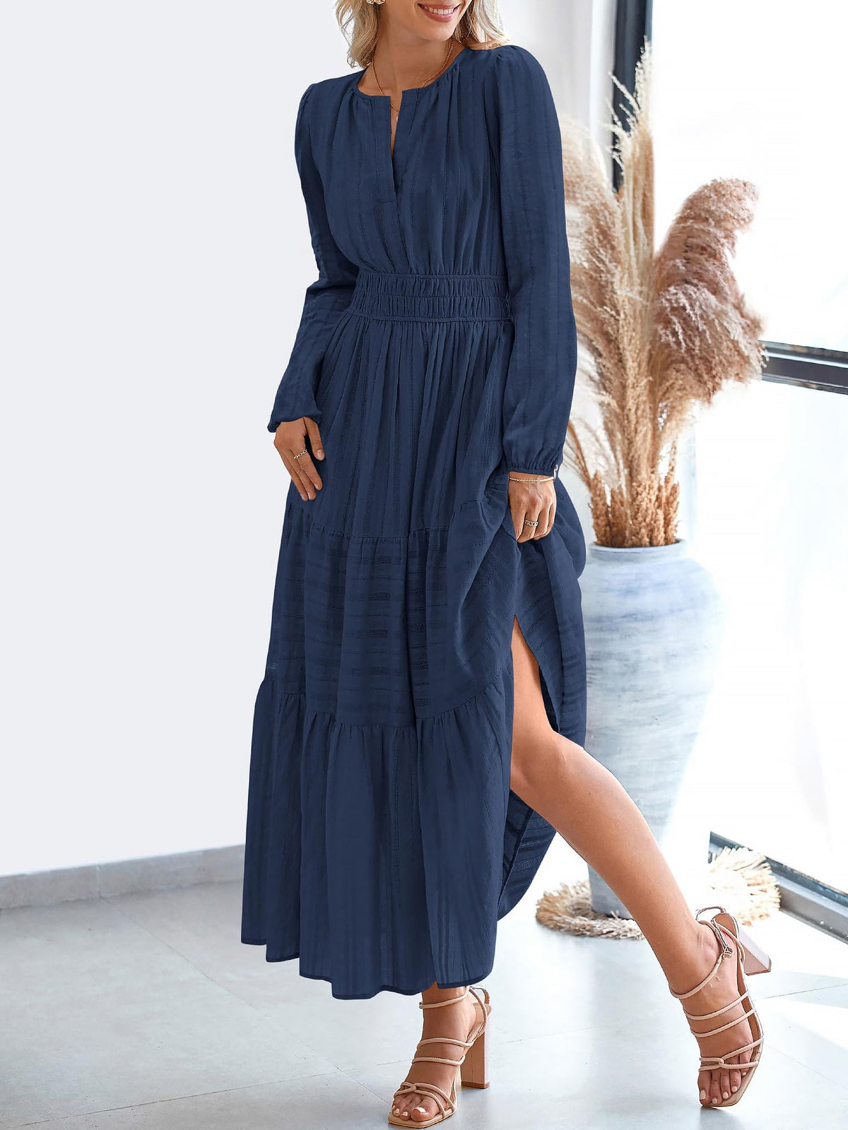 Notch Neck Puff Long Sleeves Pockets Tiered A-Line Midi Dress