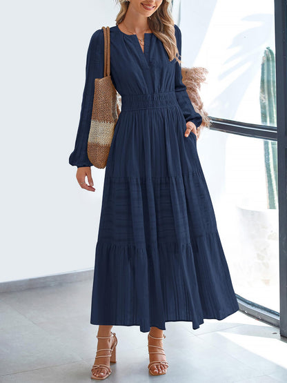 Notch Neck Puff Long Sleeves Pockets Tiered A-Line Midi Dress