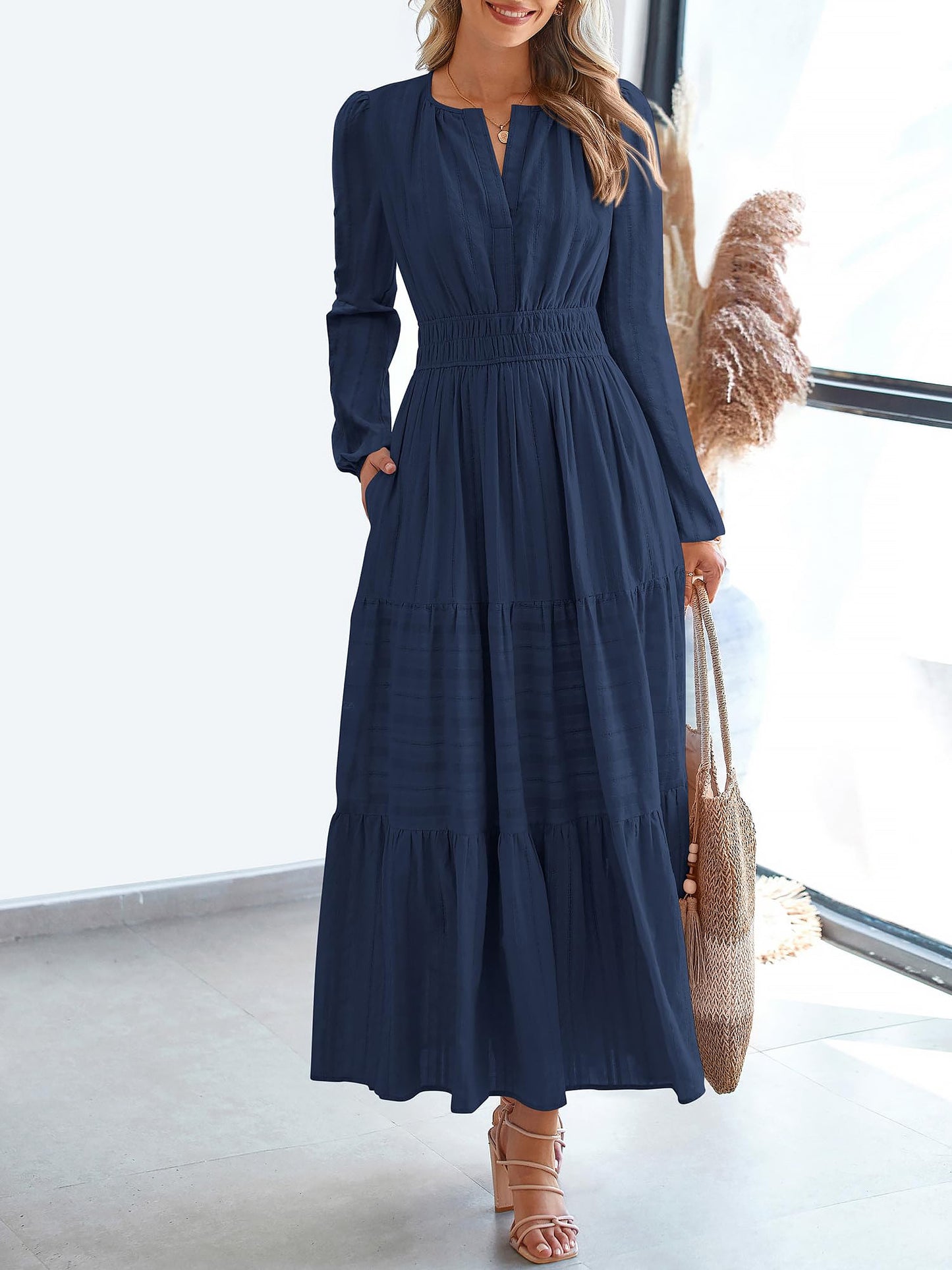 Notch Neck Puff Long Sleeves Pockets Tiered A-Line Midi Dress