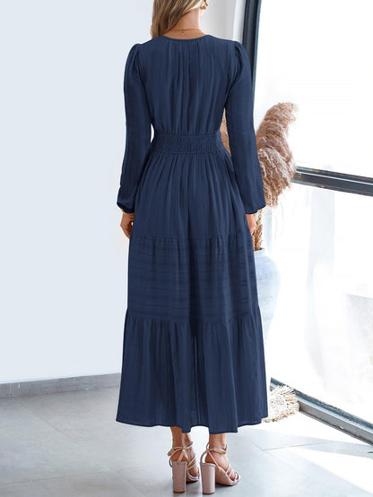 Notch Neck Puff Long Sleeves Pockets Tiered A-Line Midi Dress