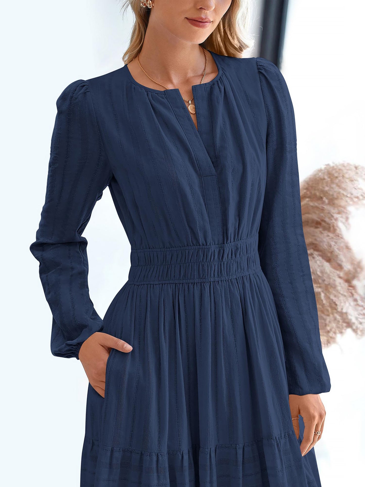 Notch Neck Puff Long Sleeves Pockets Tiered A-Line Midi Dress