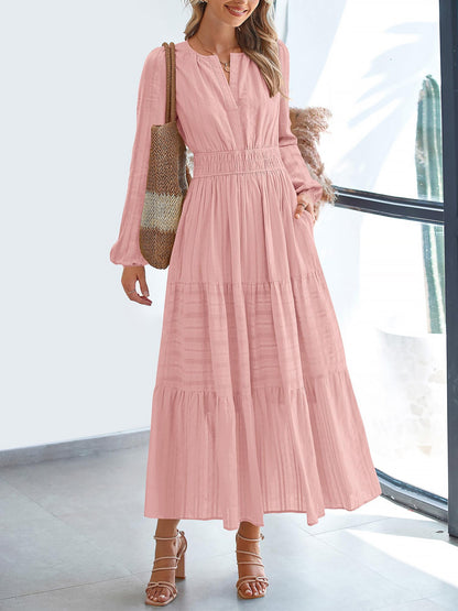 Notch Neck Puff Long Sleeves Pockets Tiered A-Line Midi Dress