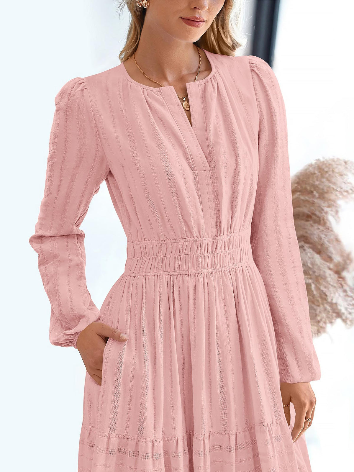 Notch Neck Puff Long Sleeves Pockets Tiered A-Line Midi Dress