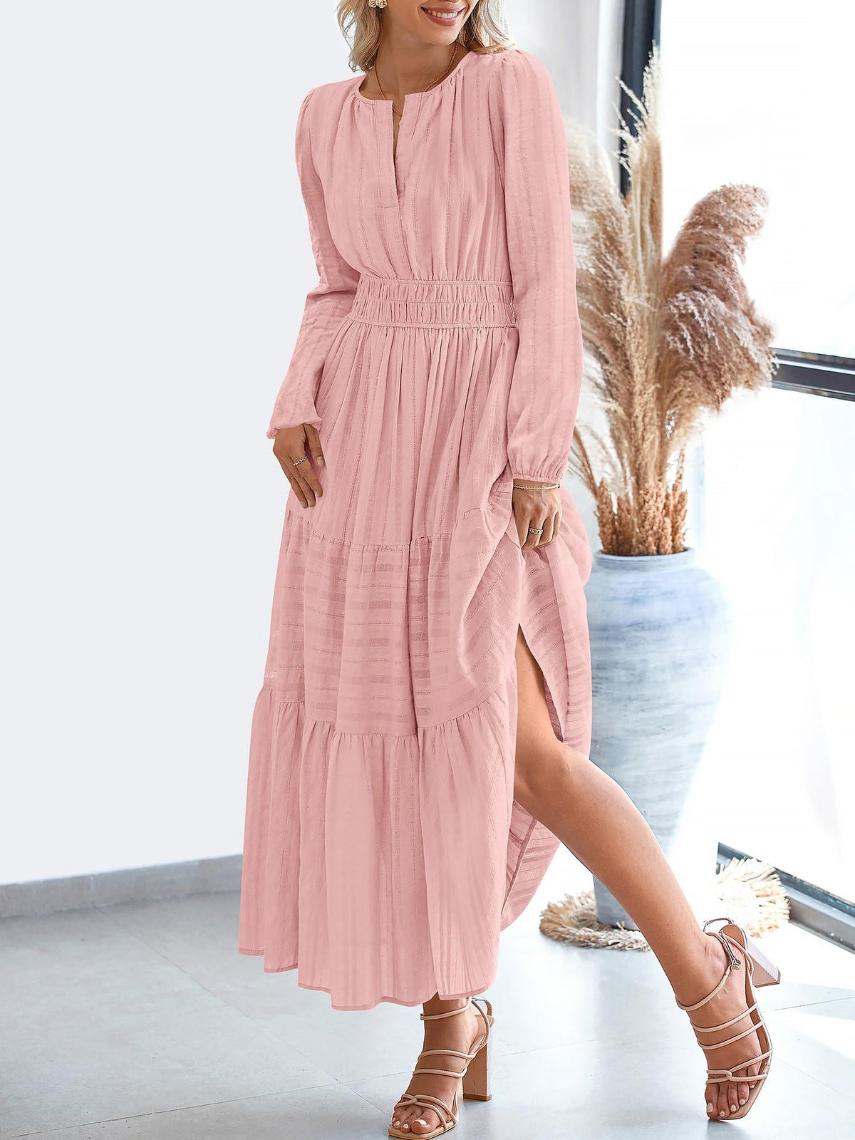 Notch Neck Puff Long Sleeves Pockets Tiered A-Line Midi Dress