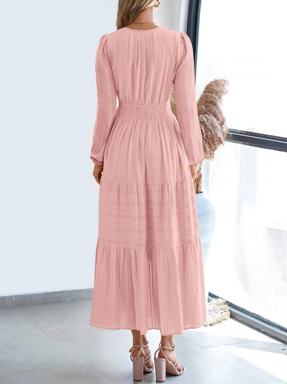 Notch Neck Puff Long Sleeves Pockets Tiered A-Line Midi Dress