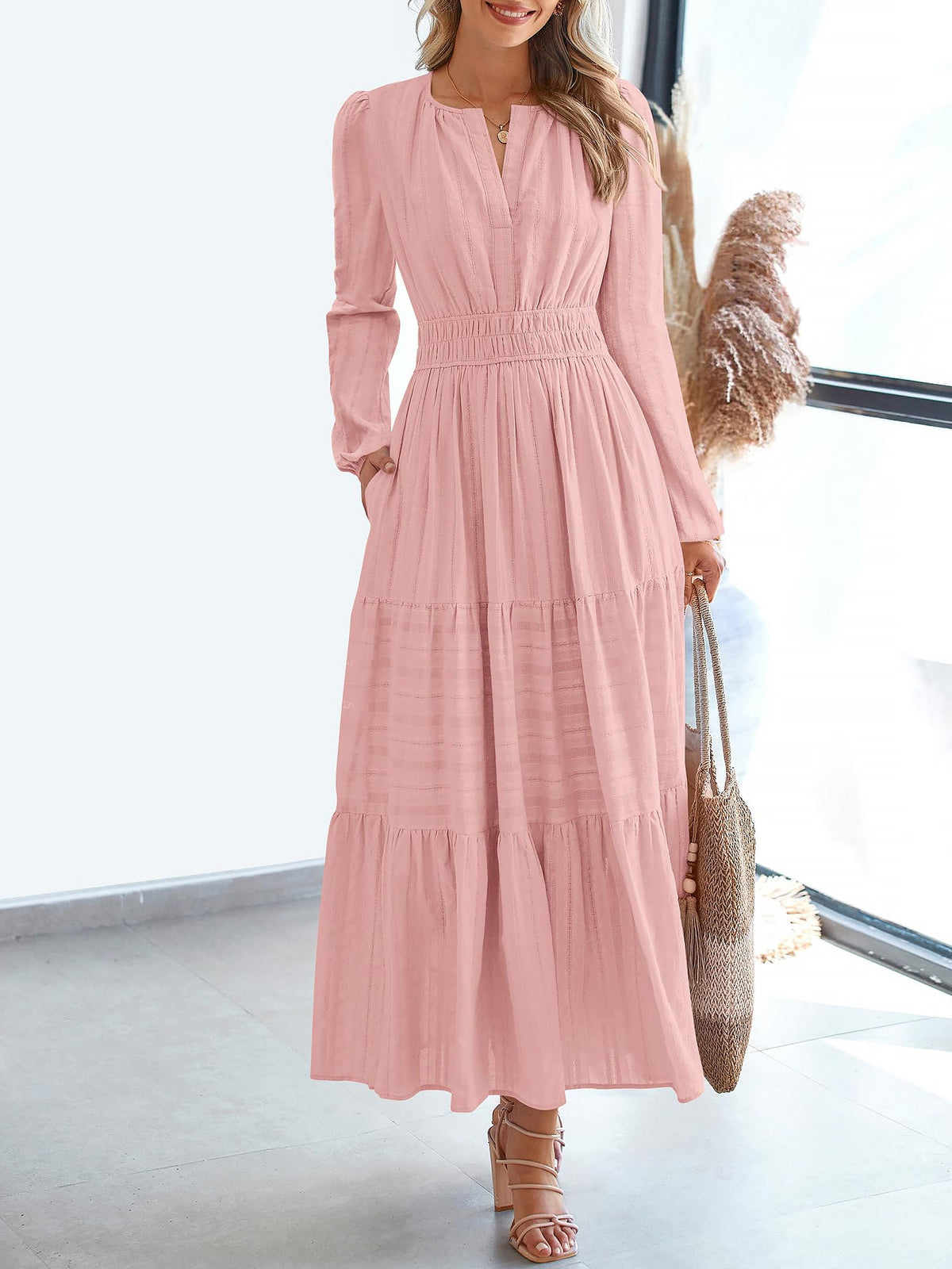 Notch Neck Puff Long Sleeves Pockets Tiered A-Line Midi Dress