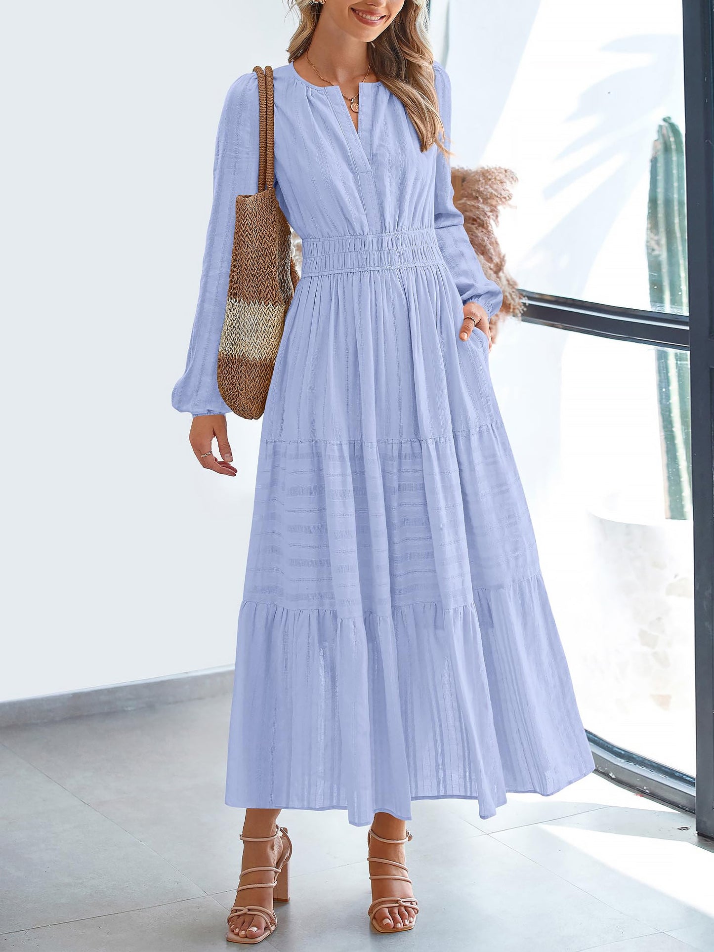 Notch Neck Puff Long Sleeves Pockets Tiered A-Line Midi Dress