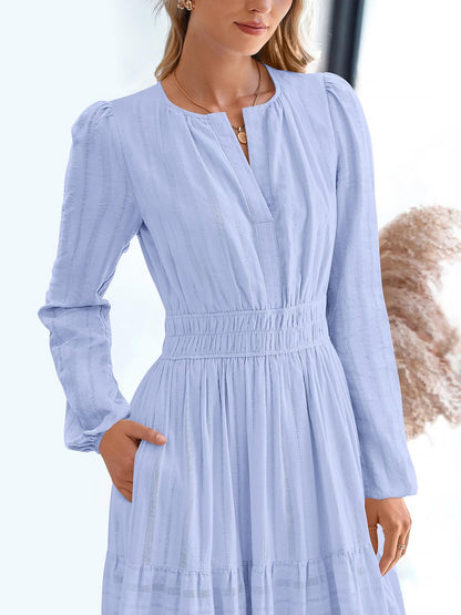 Notch Neck Puff Long Sleeves Pockets Tiered A-Line Midi Dress
