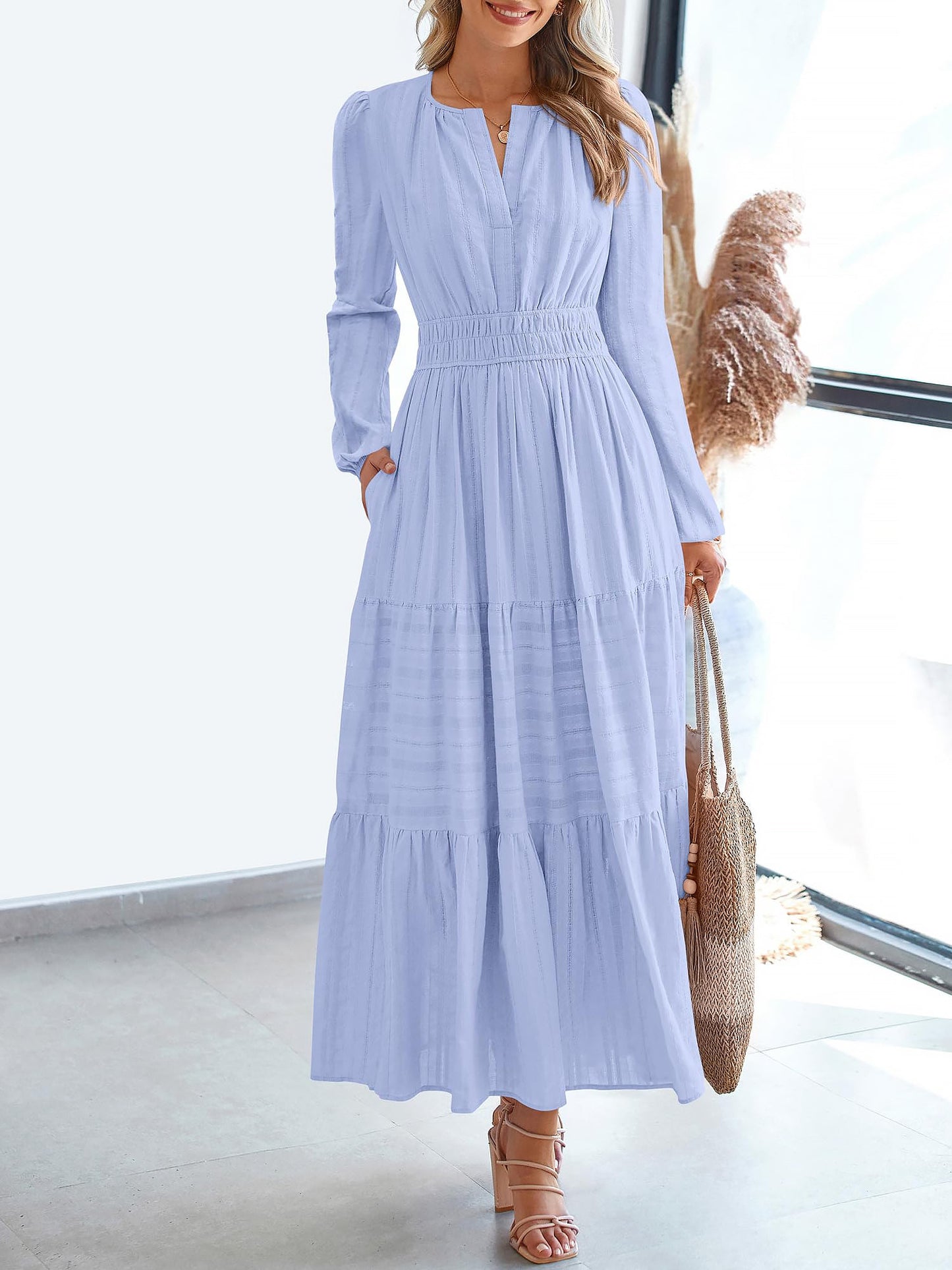 Notch Neck Puff Long Sleeves Pockets Tiered A-Line Midi Dress