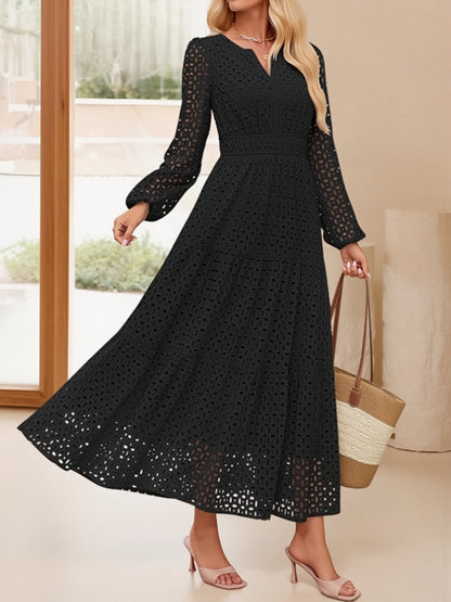 Notch Neck Puff Long Sleeves Eyelet Pockets A-Line Tiered Maxi Dress