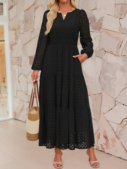Notch Neck Puff Long Sleeves Eyelet Pockets A-Line Tiered Maxi Dress