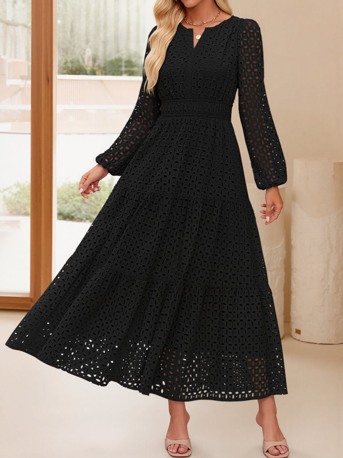 Notch Neck Puff Long Sleeves Eyelet Pockets A-Line Tiered Maxi Dress