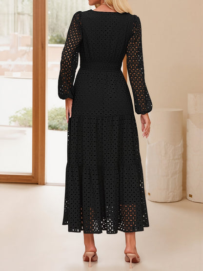 Notch Neck Puff Long Sleeves Eyelet Pockets A-Line Tiered Maxi Dress