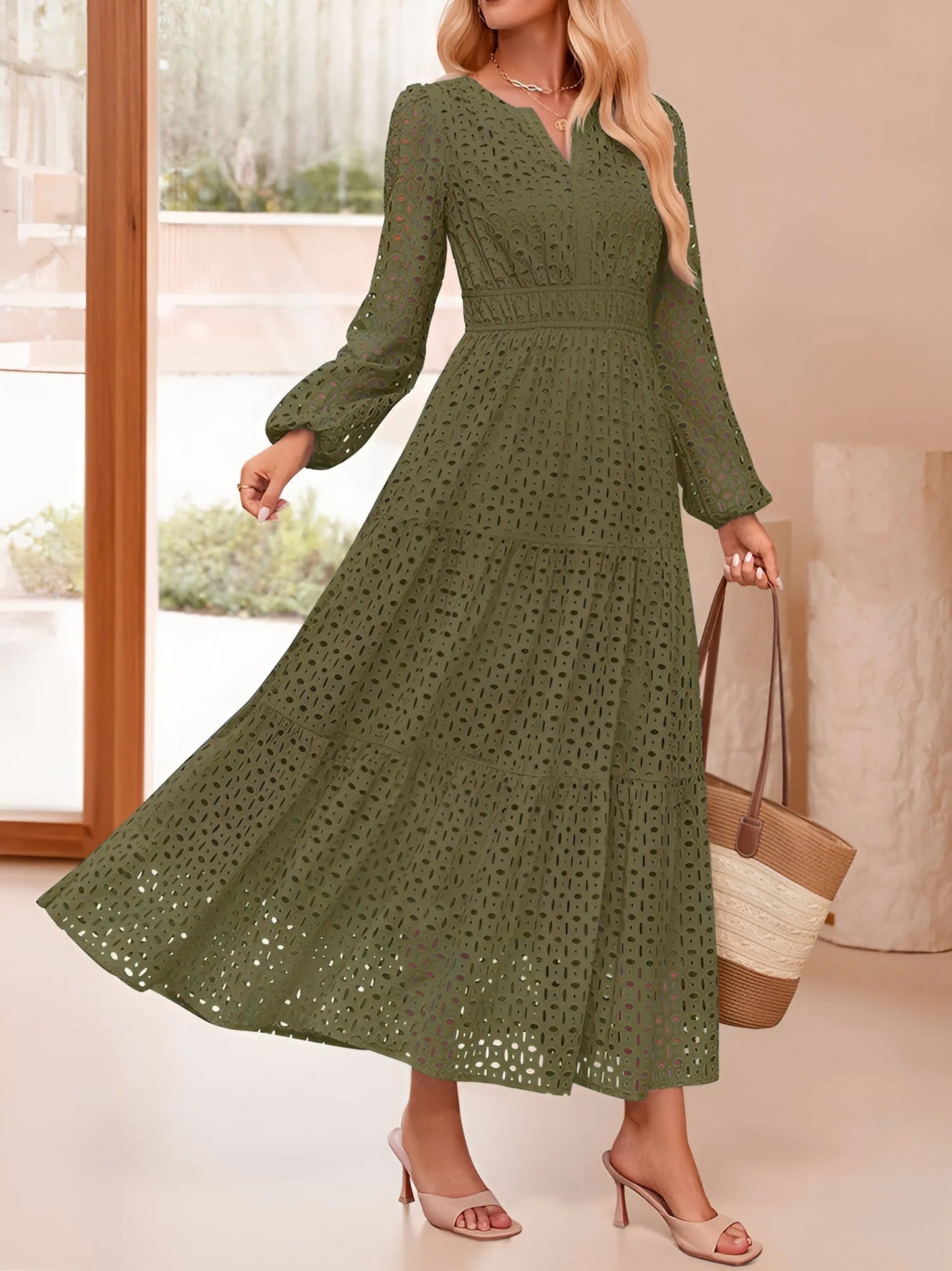 Notch Neck Puff Long Sleeves Eyelet Pockets A-Line Tiered Maxi Dress