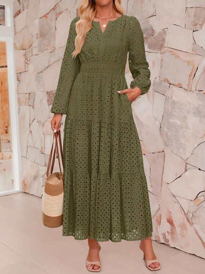 Notch Neck Puff Long Sleeves Eyelet Pockets A-Line Tiered Maxi Dress