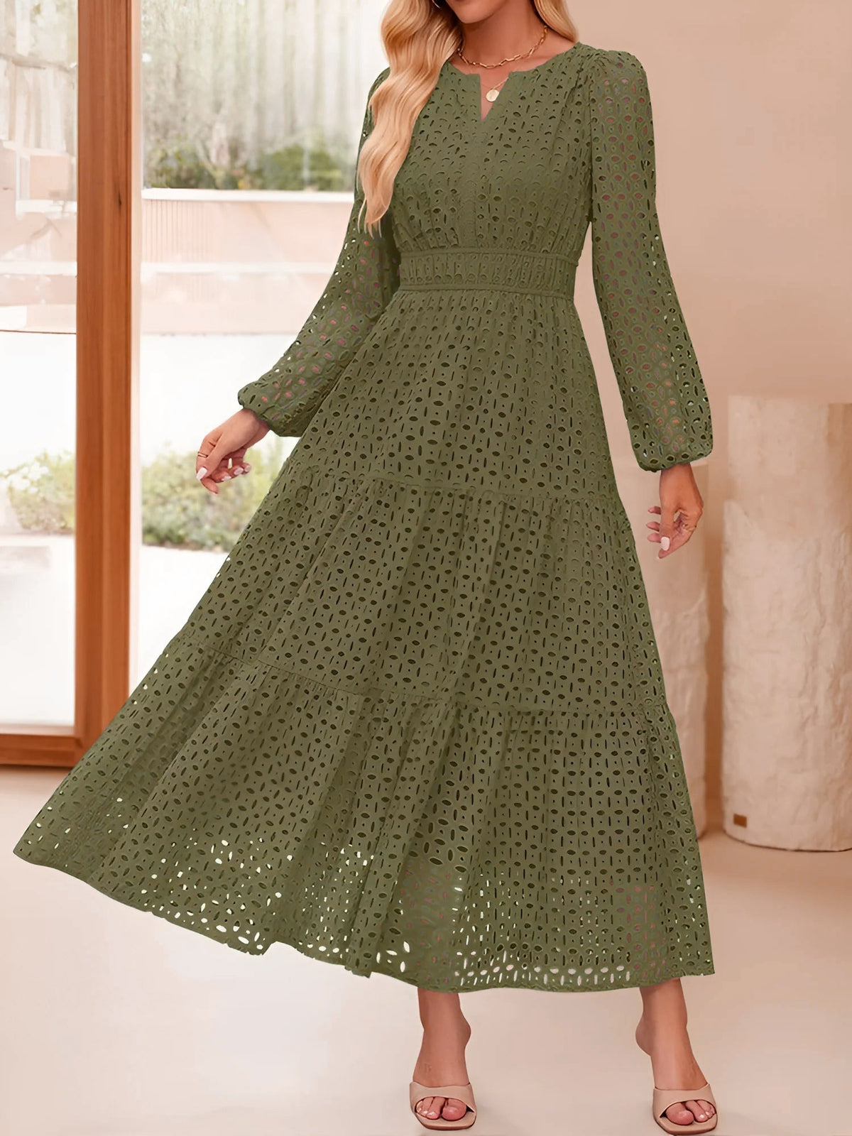 Notch Neck Puff Long Sleeves Eyelet Pockets A-Line Tiered Maxi Dress