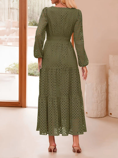 Notch Neck Puff Long Sleeves Eyelet Pockets A-Line Tiered Maxi Dress