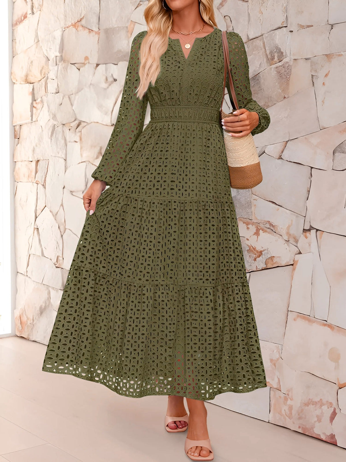 Notch Neck Puff Long Sleeves Eyelet Pockets A-Line Tiered Maxi Dress