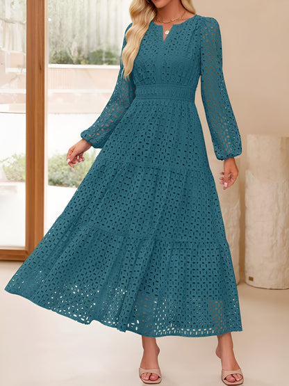 Notch Neck Puff Long Sleeves Eyelet Pockets A-Line Tiered Maxi Dress