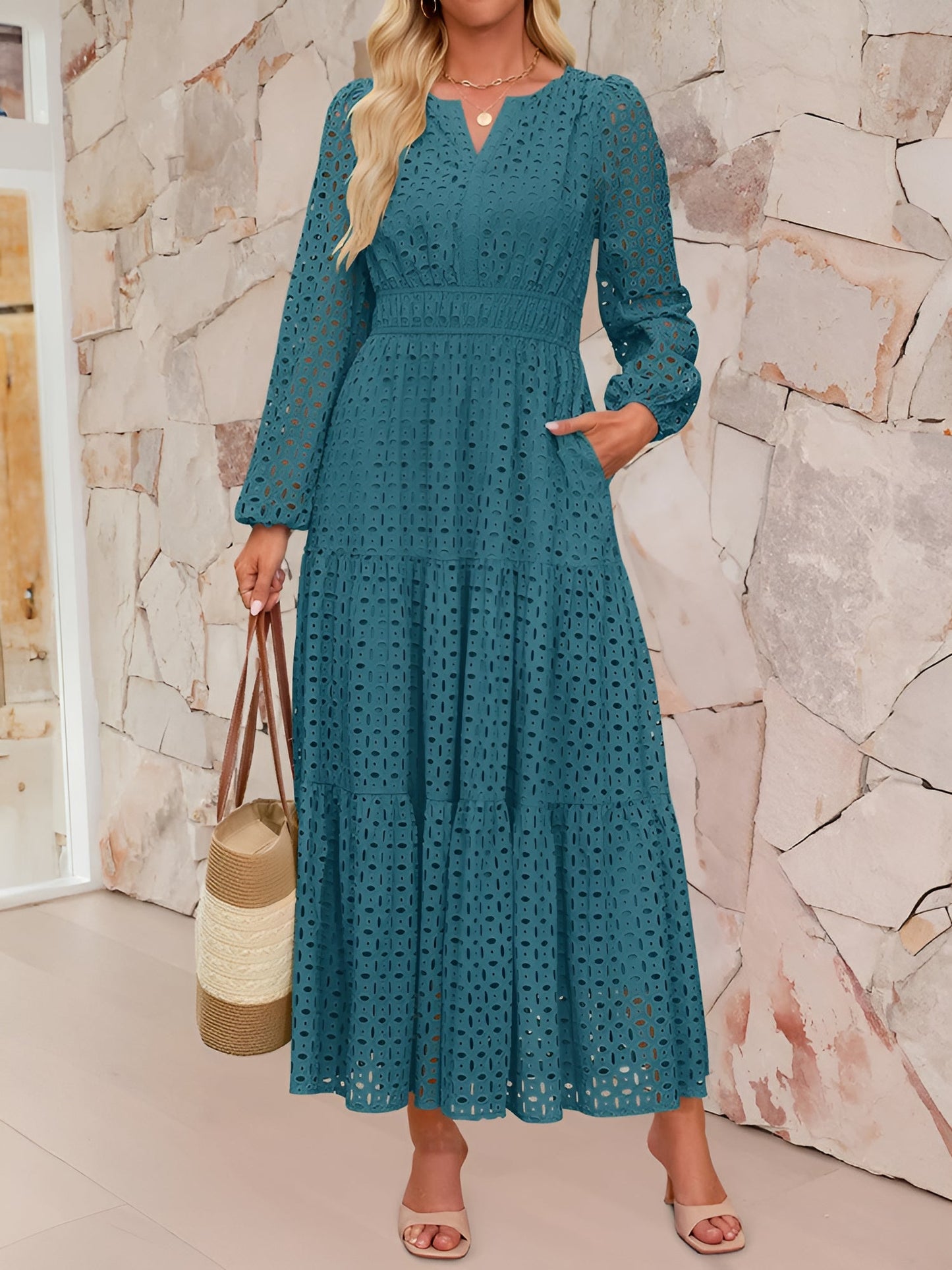 Notch Neck Puff Long Sleeves Eyelet Pockets A-Line Tiered Maxi Dress