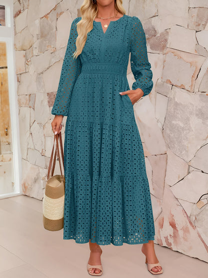 Notch Neck Puff Long Sleeves Eyelet Pockets A-Line Tiered Maxi Dress