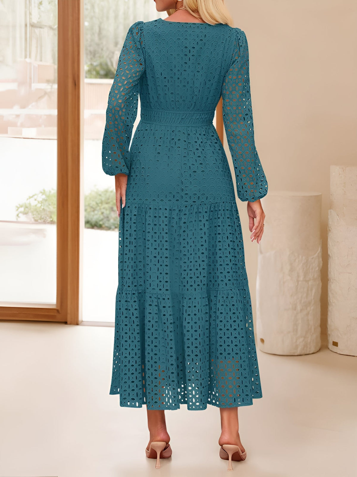 Notch Neck Puff Long Sleeves Eyelet Pockets A-Line Tiered Maxi Dress
