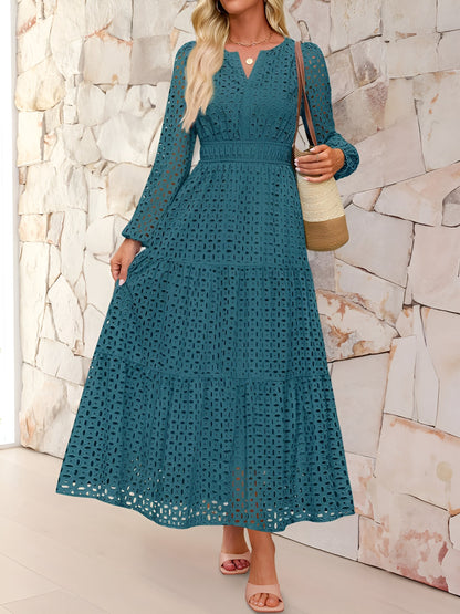Notch Neck Puff Long Sleeves Eyelet Pockets A-Line Tiered Maxi Dress