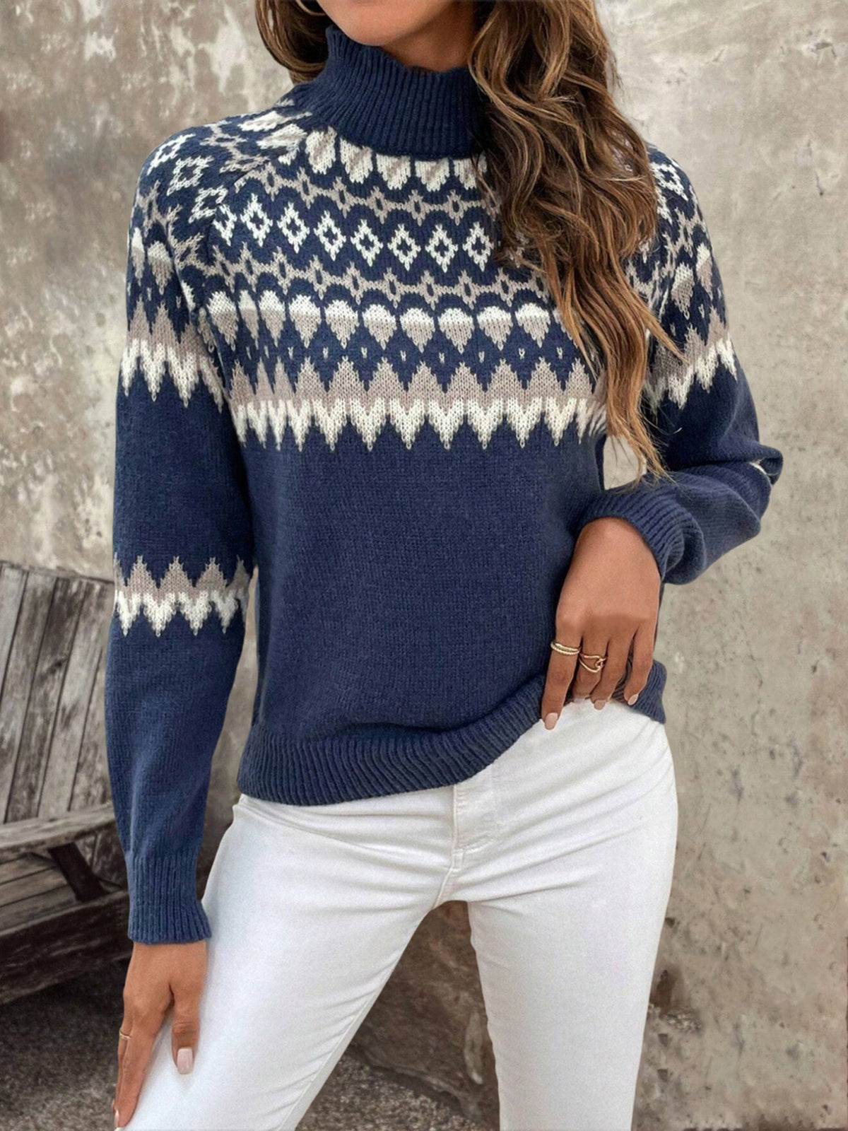 Mock Neck Knitted Geometric Pattern Fair Isle Ski Sweater