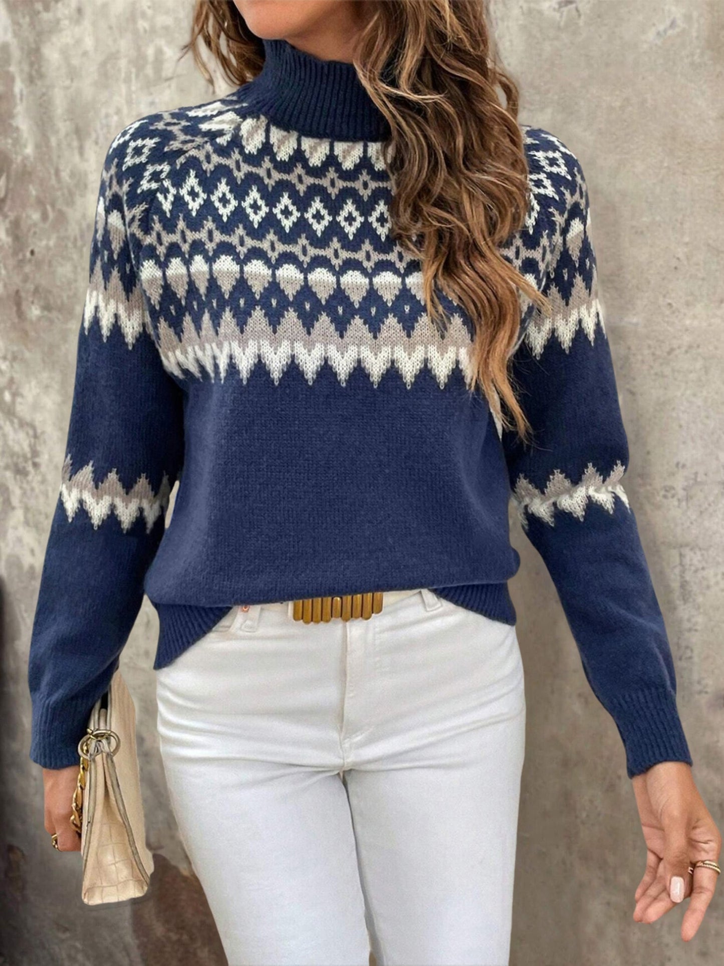 Mock Neck Knitted Geometric Pattern Fair Isle Ski Sweater