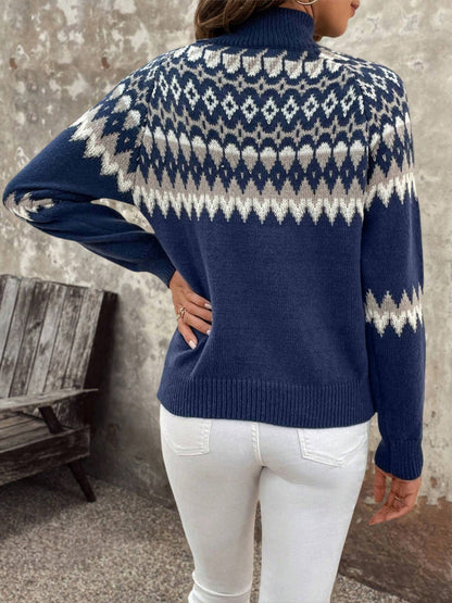 Mock Neck Knitted Geometric Pattern Fair Isle Ski Sweater