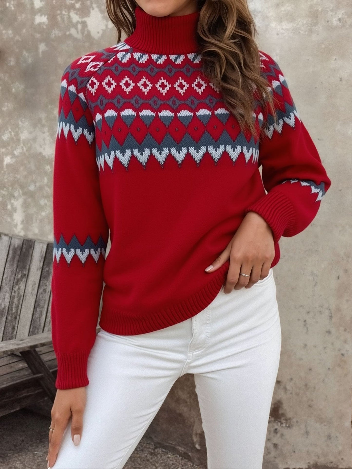 Mock Neck Knitted Geometric Pattern Fair Isle Ski Sweater