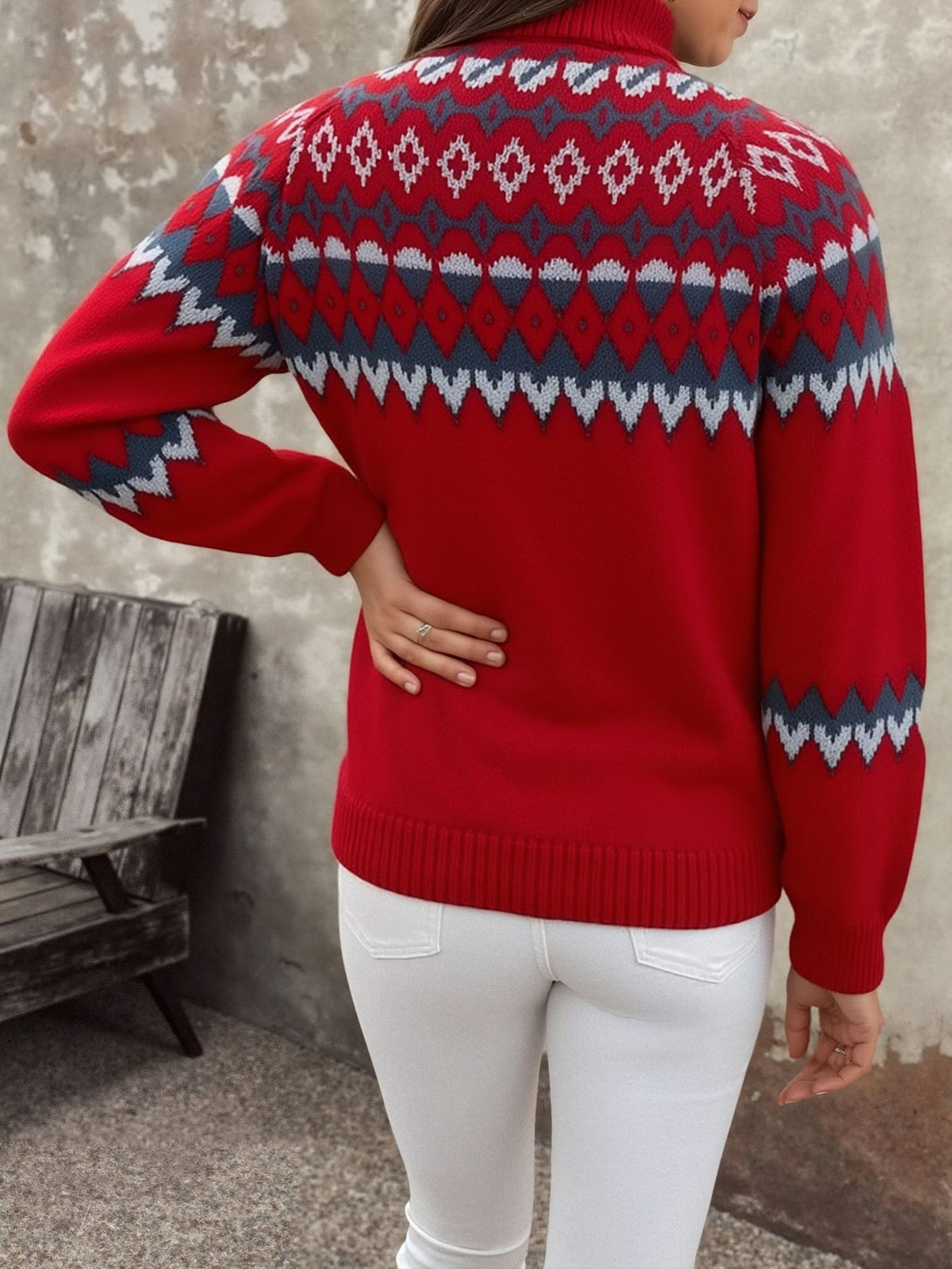 Mock Neck Knitted Geometric Pattern Fair Isle Ski Sweater
