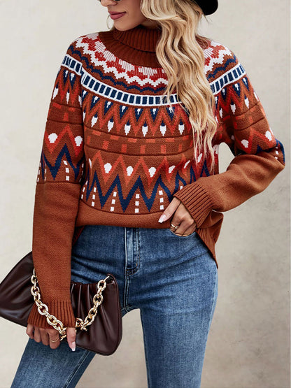 Turtleneck Long Sleeves Knitted Pullover Fair Isle Ski Sweater