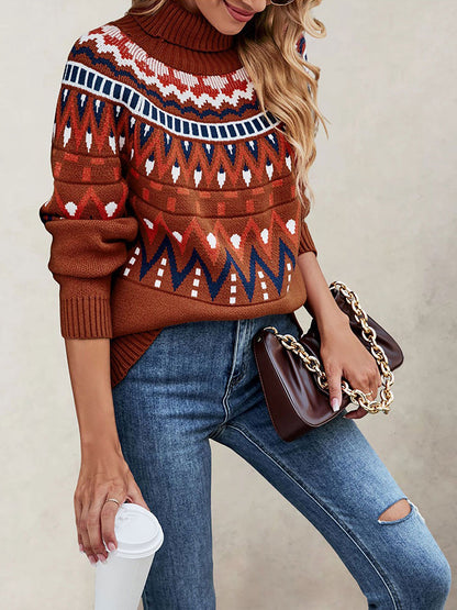 Turtleneck Long Sleeves Knitted Pullover Fair Isle Ski Sweater