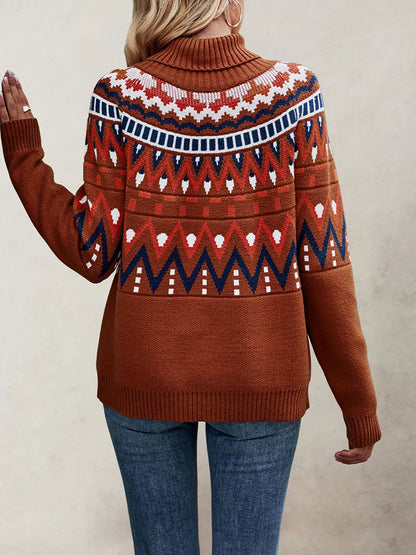 Turtleneck Long Sleeves Knitted Pullover Fair Isle Ski Sweater