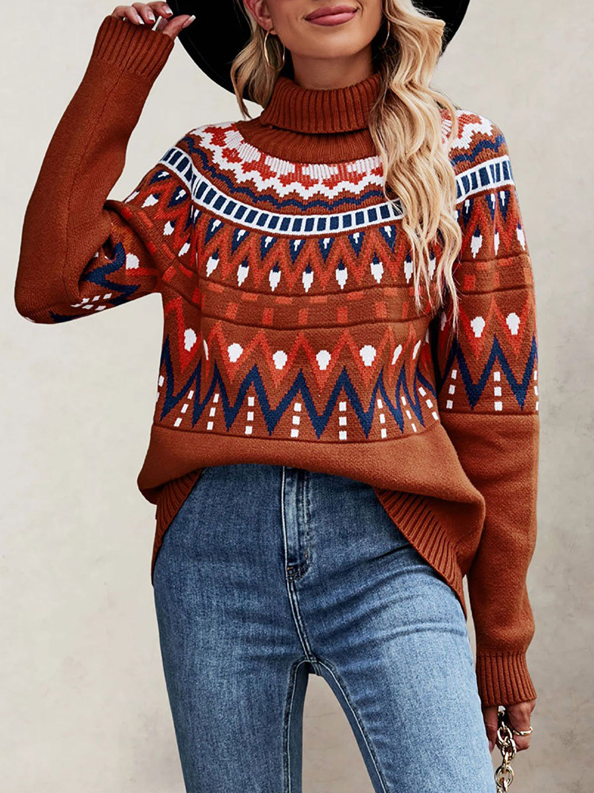 Turtleneck Long Sleeves Knitted Pullover Fair Isle Ski Sweater