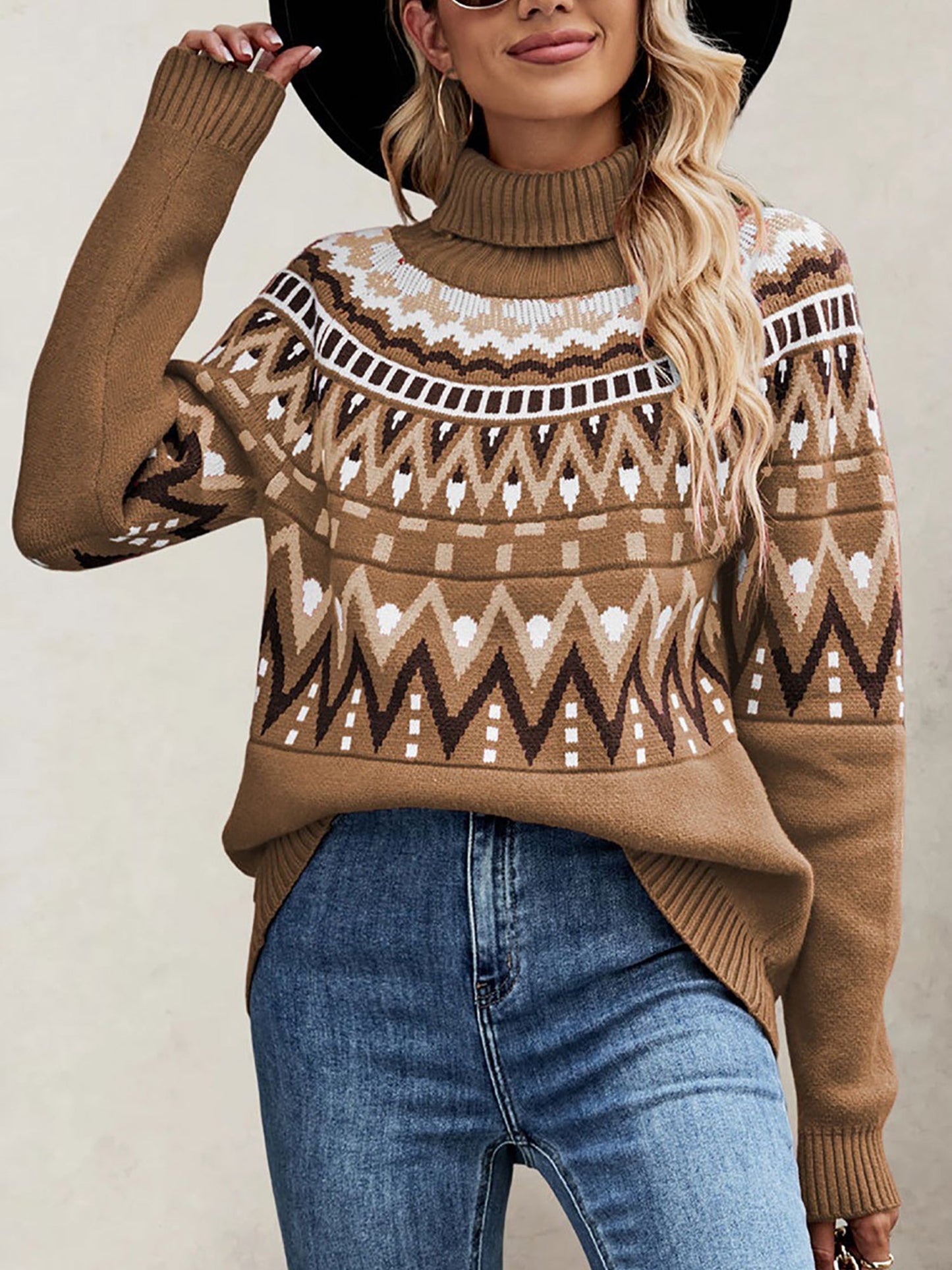 Turtleneck Long Sleeves Knitted Pullover Fair Isle Ski Sweater