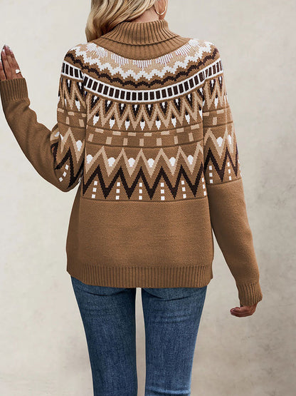 Turtleneck Long Sleeves Knitted Pullover Fair Isle Ski Sweater