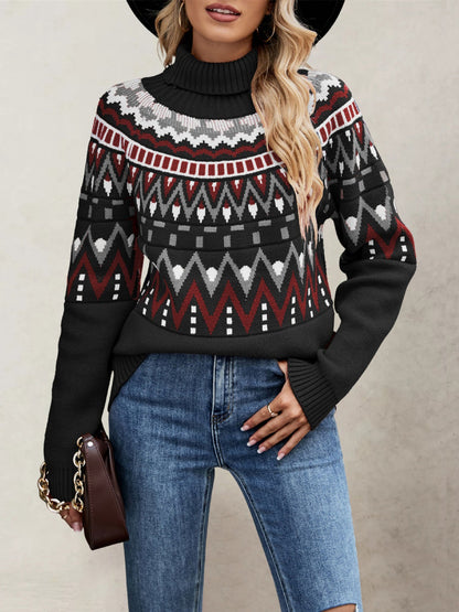 Turtleneck Long Sleeves Knitted Pullover Fair Isle Ski Sweater