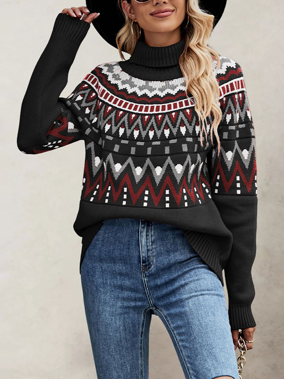 Turtleneck Long Sleeves Knitted Pullover Fair Isle Ski Sweater