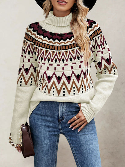 Turtleneck Long Sleeves Knitted Pullover Fair Isle Ski Sweater