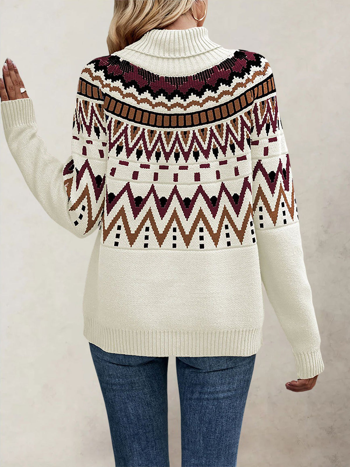 Turtleneck Long Sleeves Knitted Pullover Fair Isle Ski Sweater