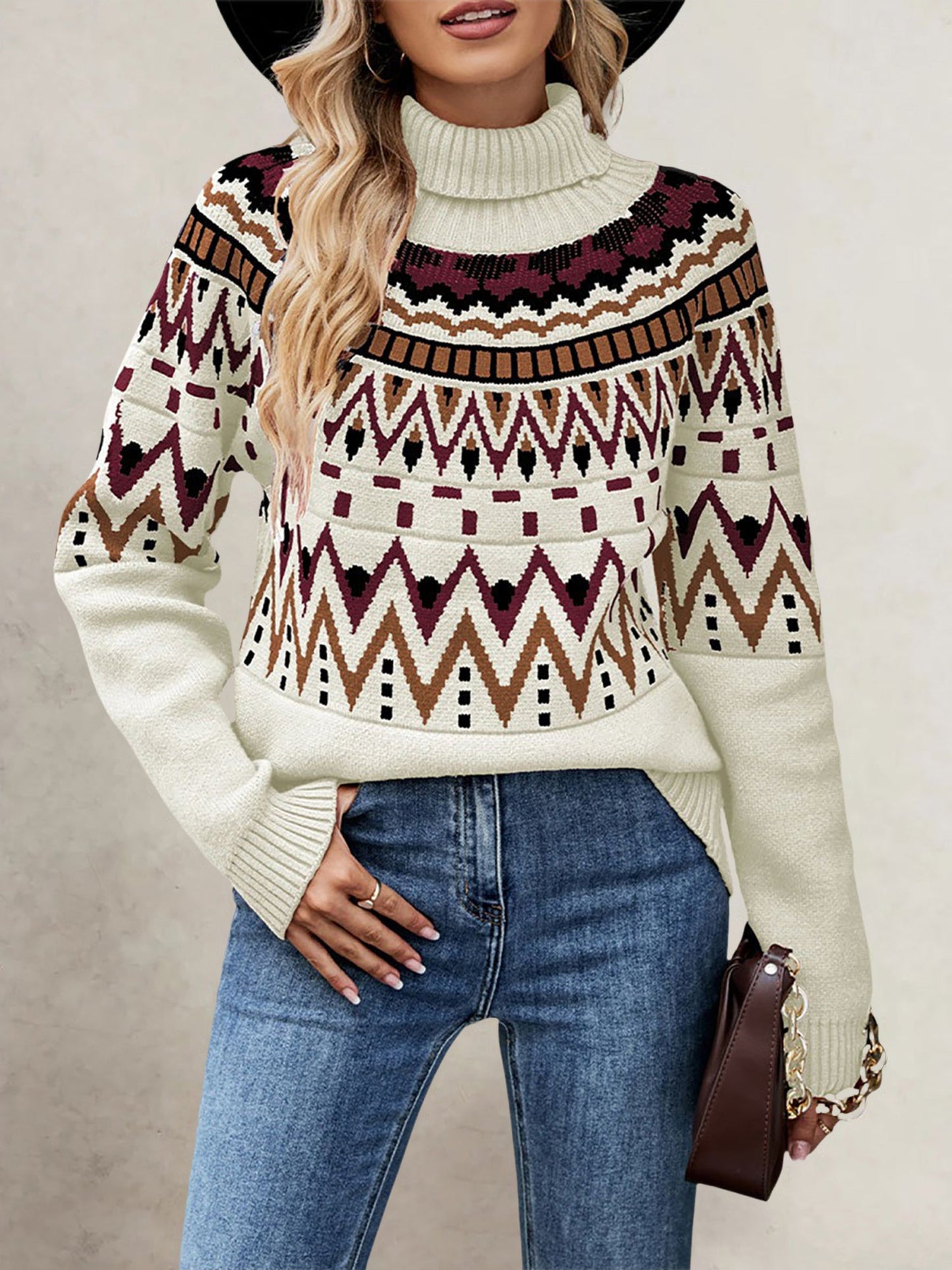 Turtleneck Long Sleeves Knitted Pullover Fair Isle Ski Sweater