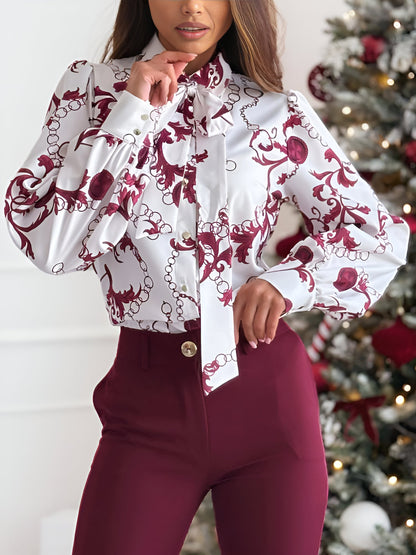 Graphic Printed Bow-Tie Long Sleeves Blouse