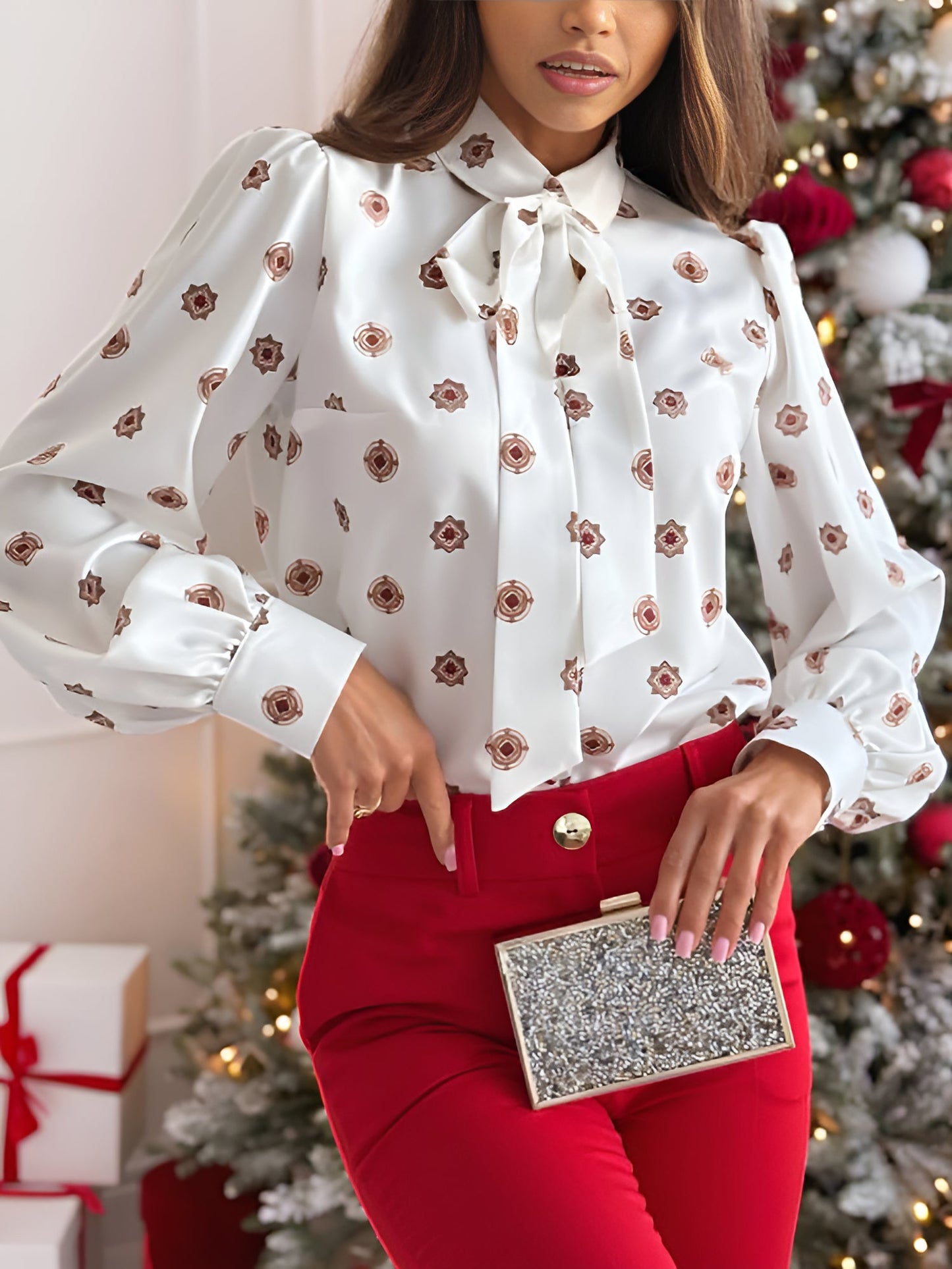 Graphic Printed Bow-Tie Long Sleeves Blouse
