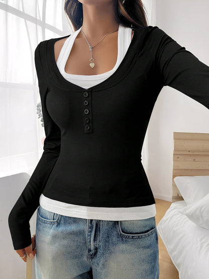 Fake-Two-Piece Color Blocked Stretch Long Sleeves Top