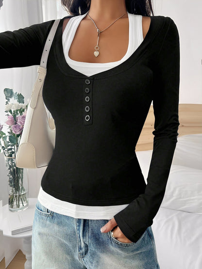 Fake-Two-Piece Color Blocked Stretch Long Sleeves Top