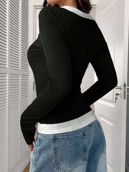 Fake-Two-Piece Color Blocked Stretch Long Sleeves Top