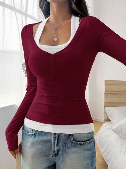 Fake-Two-Piece Color Blocked Stretch Long Sleeves Top